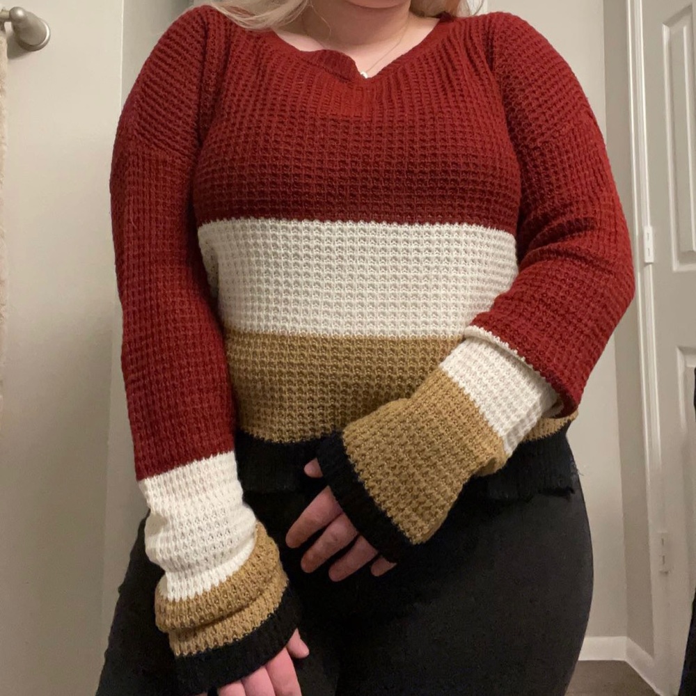 Purple Snow Red, White, Tan & Black Block Striped Scoop Neck Knit Sweater